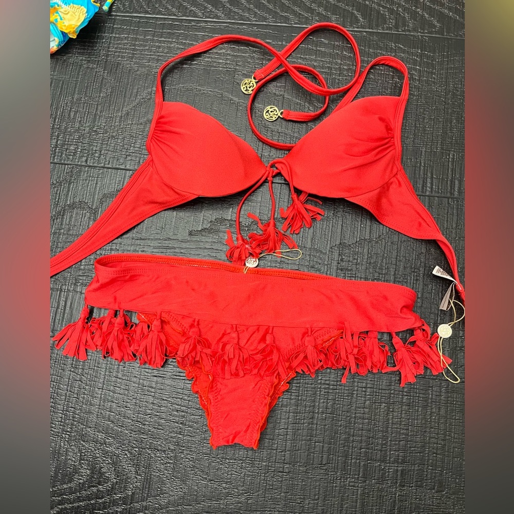 Luli Fama Red Fringe Bikini Set